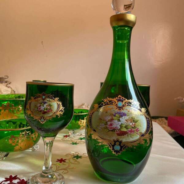 carafe-avec-6-verres-italie-motif-fleurs-vert-prix-Casablanca-Maroc-coucouMarket
