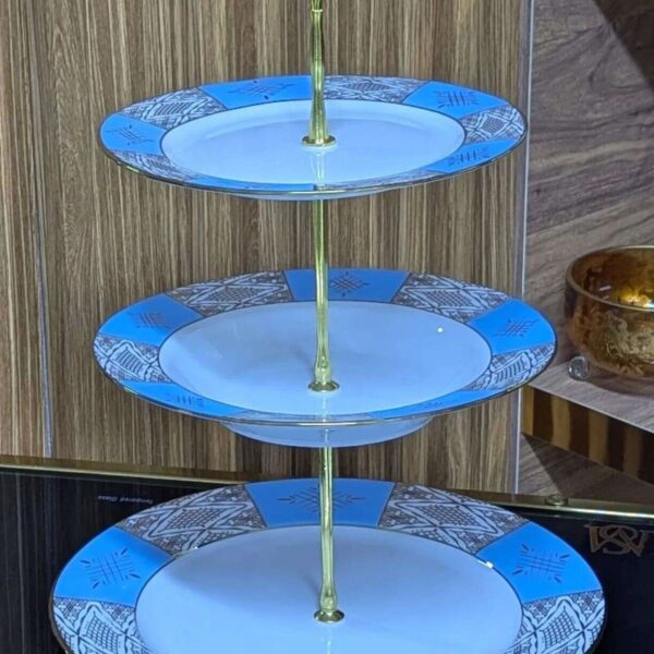 Présentoir à Gâteau Trois Niveaux Motif Beldi Bleu-Prix-Casablanca-Maroc-coucouMarket