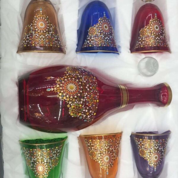 Carafe-en-Cristal-avec-6-Verres-à-Pied-Multicolores-Motif-Tourat-prix-Casablanca-Maroc-coucouMarket