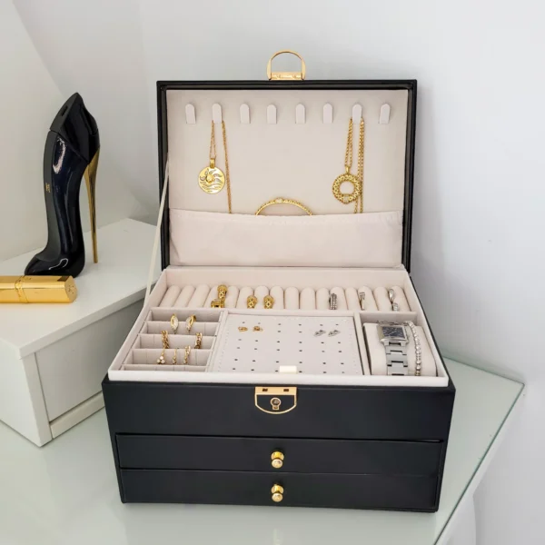 Boîte-à-Bijoux-3-Niveaux-en-Cuir-Végan-Noir-prix-Casablanca-Maroc-coucouMarket-Fes-Rabat