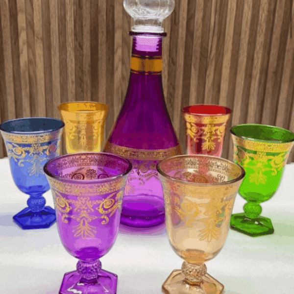 Service-de-6-Verres-+-Carafe-Coloré-Effet-Peinture-Dorée-prix-Marocain-Casablanca-Maroc-coucouMarket